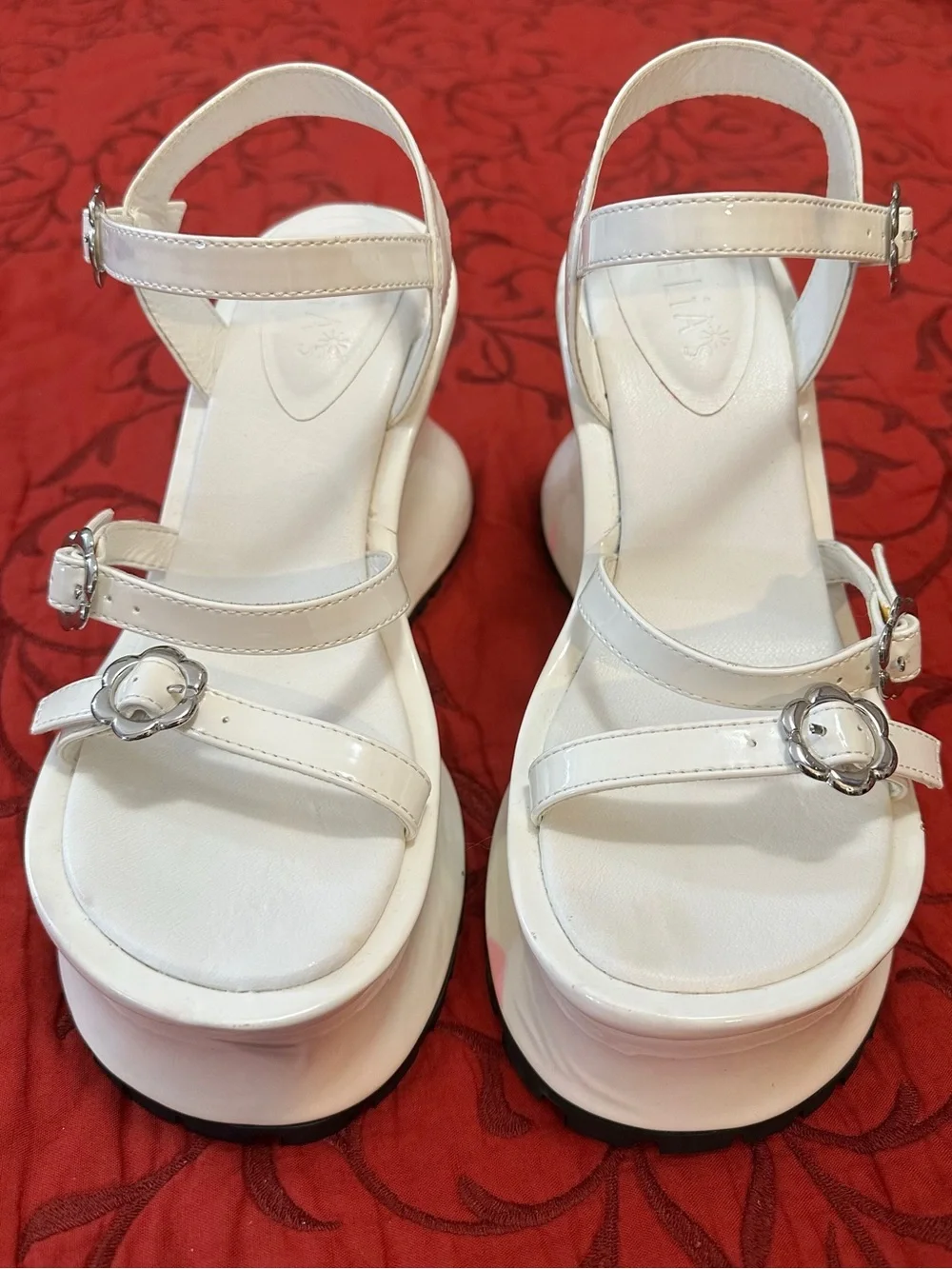 Dolls Kill White Platform Wedge Sandals with Silver Buckles